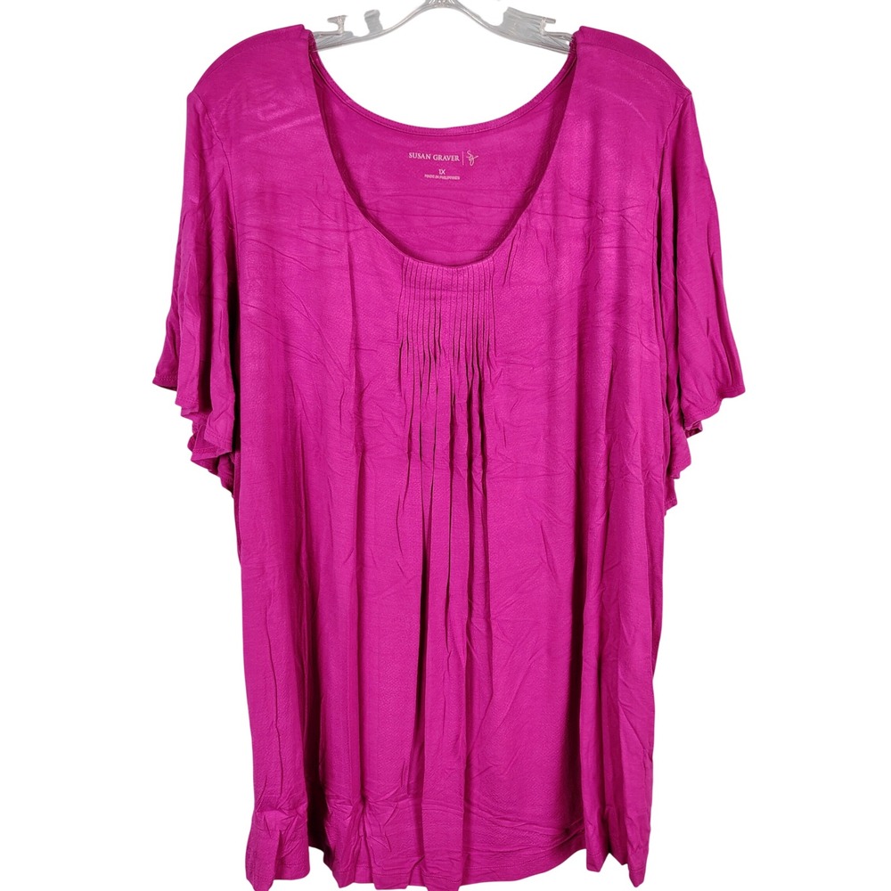 Susan Graver Womens 1X Pleated Flutter Sleeve Top Magenta Rayon Stretch Casual